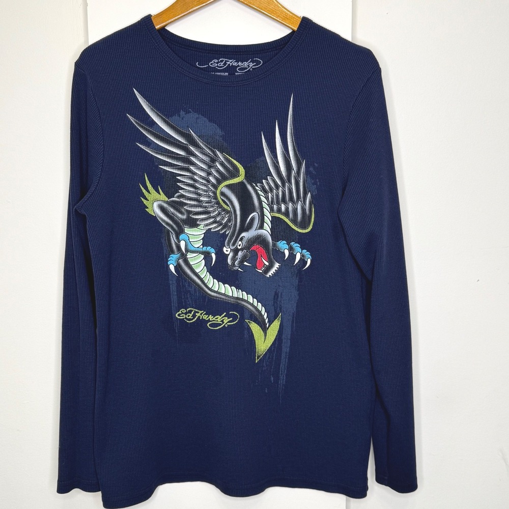 Ed Hardy Waffle‎ Knit Graphic Long Sleeve Shirt XL Blue Mens
